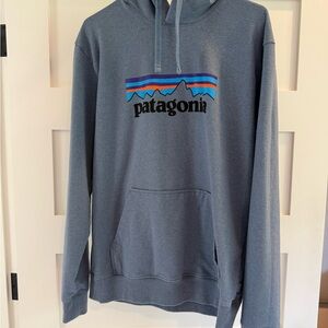 Patagonia Men's Blue Hoodie with Multicolor Logo